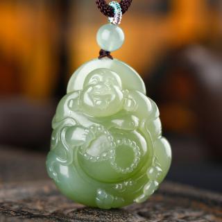 雨雕天然和田玉弥勒佛公吊坠大肚佛玉坠笑佛玉佩挂件项链节日礼物